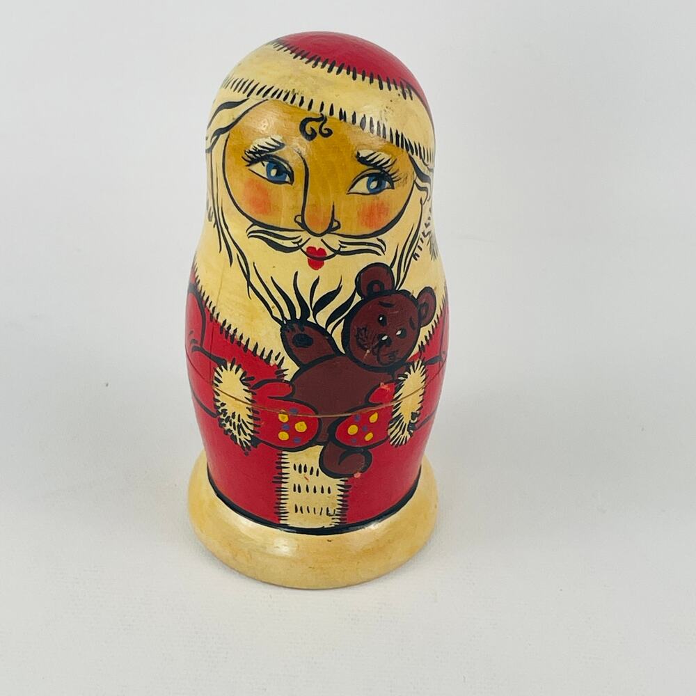 Hand Painted Wooden Nested Santa Doll holding Teddy Bear  4 1/8" H